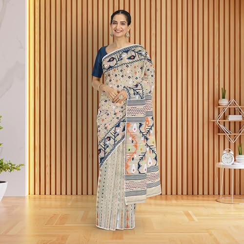 Image of Mayabi Women's Dhakai Jamdani Cotton Silk Saree Traditional Bengali Tant Korat Work, Without Blouse Piece - (Creamy White)