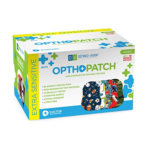 Optho-Patch Kids Eye Patches - Fun Boys Design - 90 + 10 Bonus Latex Free Hypoallergenic Cotton Adhesive Bandages for Amblyopia and Cross Eye - 3 Reward Chart Posters by Defined Vision