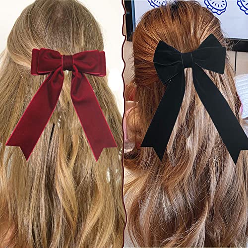 Velvet Bow Hair Clip,Large Satin Ribbon Bow Hairpins,Bows Hair Barrettes Fastener French Hair Bows with Long Ribbon Vintage Party Hair Accessories Women Girls Gifts 2PCS (2Pcs Black & Red Velvet) - Image 4