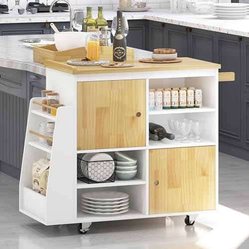 Image of NSdirect Kitchen Island with Storage,Rolling Kitchen Island on Wheels Portable cart Rolling with Spice Racks Towel Holder Utility Trolley with Wood Tray for Home Hotel Kitchen Dinning Room,White