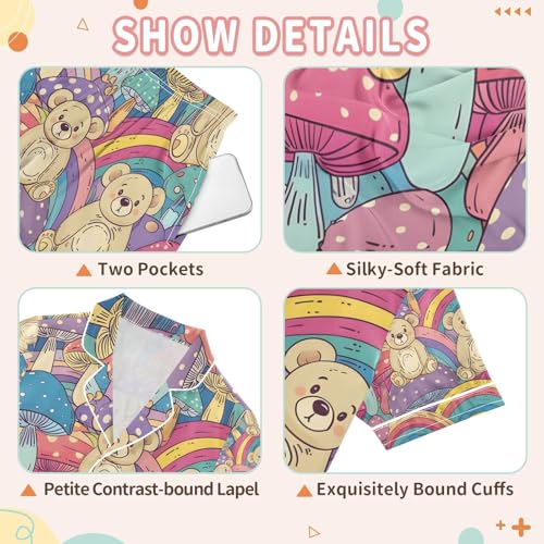 senya Rainbow Mushroom Bear Satin Summer Pajama Sets Silk Short Sleeve Button Down Sleepwear3