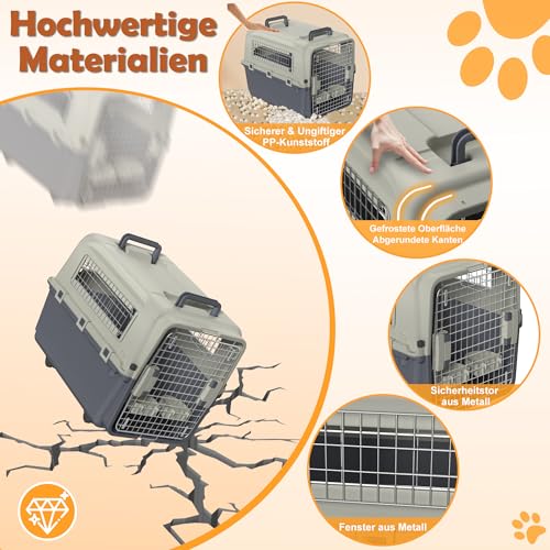Froadp Transportbox für Haustiere Hund Katze Hundebox aus PP Kunststoff 67x51x58.5cm Katzentransportbox Hundetransportbox mit Rädern & Urinabstandshalter & Hängende Fressnäpfe Katzenbox