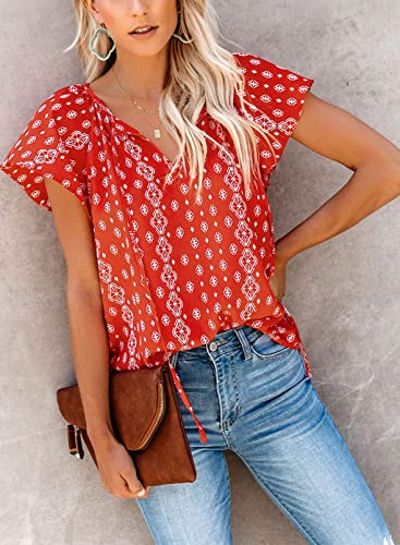 Dokotoo Women's Casual Boho Floral Printed V Neck Tops Drawstring Short Long Sleeve T Shirt Blouses - Image 3