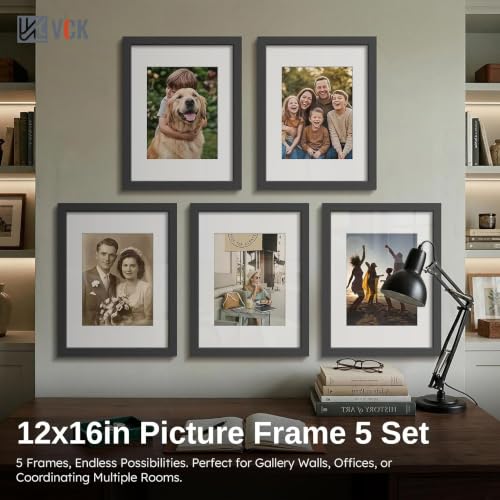 Image of VCK 12x16 Picture Frame 5 Pack, Black Wood, 8.5x11 Mat, Glass, for Artwork