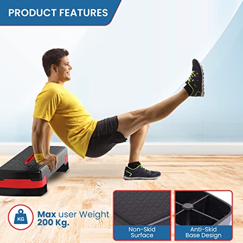 Image of AGARO Aerobics Stepper, Adjustable Home Gym Exercise Fitness Stepper, Body Fitness, Polypropylene Material, Aerobics Stepper with 2 Height Level (10 - 15 Cm) Adjustments, Max Weight upto 200kg (Black & Red)