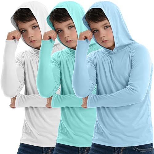 Catálogo para Comprar On-line Ropa de protección disponible en línea para comprar. 49 Paquete de 3 – playera con capucha para niños UPF 50+, protección solar de manga larga de secado rápido, playera ligera de rendimiento, Blanco roto Verde Claro Azul Hielo, 5-6...