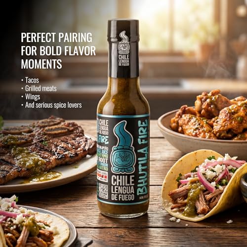 Image of Chile Lengua de Fuego Bhutila Fire - Carolina Reaper, Ghost Pepper & Scotch Bonnet Hot Sauce, Citrus & Smoke, 5 oz Bottle (Pack of 1)