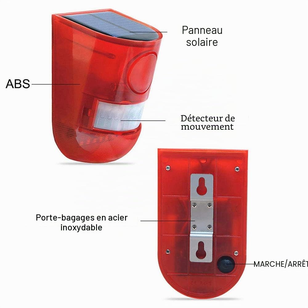 Zeerkeer Lot de 2 Alarmes Stroboscopiques Solaires à LED IP65 - Étanche - Détecteur de Mouvement - Sirène Puissante de 110 DB - pour Maison, Villa, Ferme, Appartement, Cour