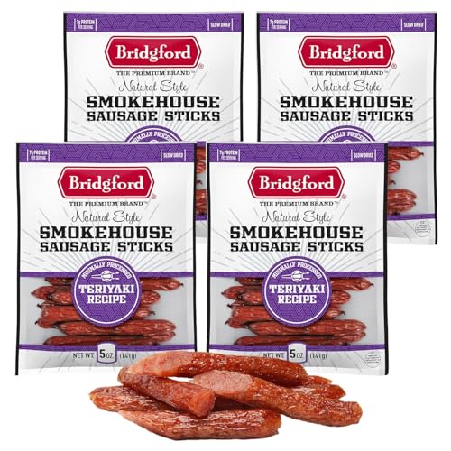 Bridgford Smokehouse Sausage Sticks Teriyaki 5 oz Pack of 4 - Made with Beef and Pork - Gluten Free High Protein Summer Sausage Beef Snack - Smoked, Savory, and Ready-to-Eat for Any Adventure