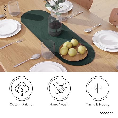 Image of Encasa XO Table Runner for 4 Seater | Handmade Ribbed Style Cotton | 30x91 cm | Dark Green | for Dining & Center Table