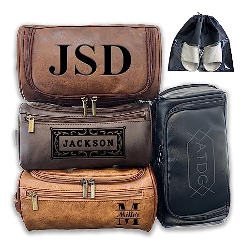 Personalized Leather Toiletry Bag For Men with Hook, Groomsmen Gifts Travel Bag Laser Engraved Name Monogram Leather Gift Anniversary Gift For Him Husband Father Leather Dopp Kit with Side Handle