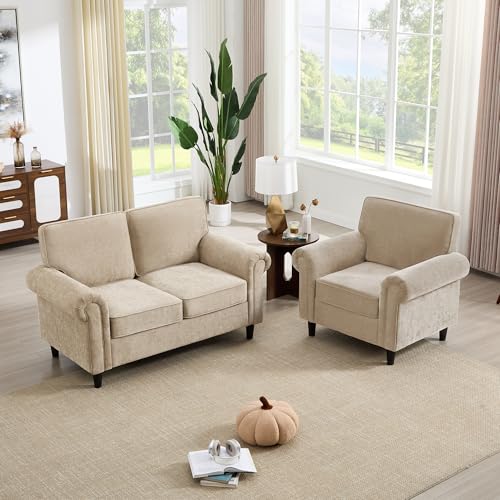 Image of Kingfun Loveseat 2 Seater Couch with Chair, Mid Century Modern Chenille Sofa Set with Rolled Arms and Deep Seats, Fluffy Comfort for Living Room, Apartment, Easy Assembly, Khaki
