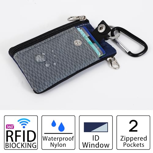 Image of MASAPHlL Small Lanyard Wallet for Women /Men with RFID Blocking ID Holder, Minimalist Nylon Zipper Lanyard Pouch, Travel Neck Wallet with Keychain, ID Window for Card,Coin,Cash (Gray+Dark Blue)