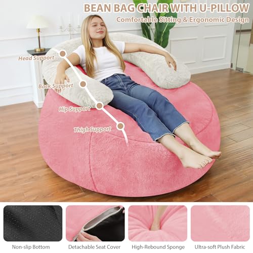 HABUTWAY Giant Bean Bag Chair, Oversized Beanbag Chair with Filler, Ultra Soft Faux Fur Bean Bag Lounge Floor Sofa w/U-Shaped Pillow for Gaming, Reading, Pink & Beige - Image 4