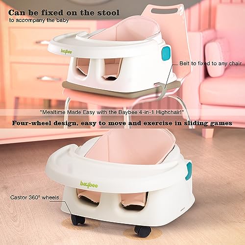 Image of Baybee 4 in 1 Convertible Kids High Chair for Baby | Comfortable Booster Seat with Height Adjustable, Footrest, Food Tray & 3 Point Safety Belt | Feeding Chair for 1 to 4 Years Boys Girls (Pink)