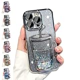 Gradient Glitter Quicksand Milk Tea for iPhone 15 14 13 12 11 Pro Max Phone case, Kawaii Lovely TPU Electroplating Gradient 3D Phone case, Three-Dimensional Milk Tea Cup Shape (15,Silver)