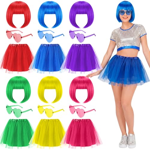 Image of 24 Pcs 6 Sets Wigs Tutus Glasses for Women Costume,Rainbow Color,Classic