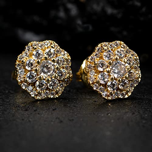 Yellow Gold Plated 925 Sterling Silver Flower Cluster Honey Comb Set Hip Hop Iced 5A Cz Lab Simulated Hypoallergenic Trendy Round Stud Screw Back Circle Earrings3