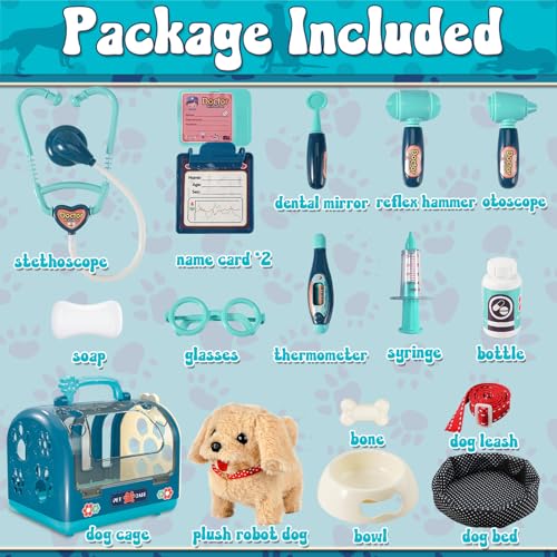 STAY GENT 17Stück Interaktives Tierarzt Arztkoffer Kinder mit Plüsch-Hund, Käfig & Stethoskop, Spielzeug Hund mit Leine Läuft & Bellt, Tierarzt Rollenspiel Geschenke für Kinder 3-8 Jahre
