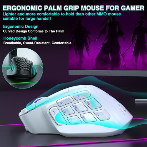SOLAKAKA SM809 Pro Wireless MMO Gaming Mouse with 9 Side Buttons,24000 DPI,Triple Connectivity (2.4G/BT/Wired) RGB Ergonomic Mouse for Gamer,16 Programmable Macros,Up to 350H Battery Life,White - Image 5