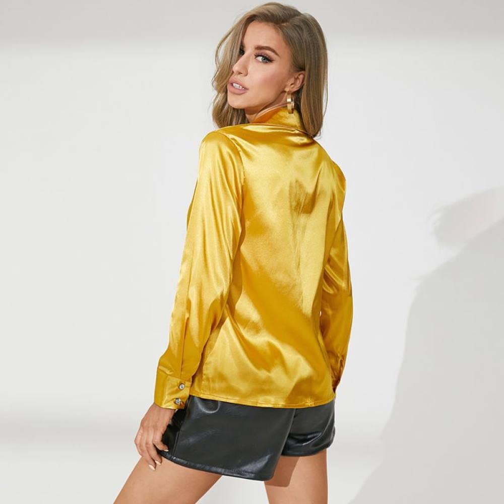 Damenhemden,Damen Satin Bluse Hemd Gelb Langarm Vintage Mode Seidenhemden Business Hemd Mit Knopf Sexy Party Tops Casual Arbeit Büro Bluse Für Mädchen Damen