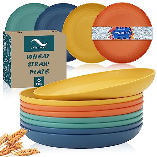 PYRMONT Dinner Plates Set of 8 Wheat Straw Plates Reusable 10-inch Large Plates Alternative for Plastic Plates Microwave and Dishwasher Safe Unbreakable Plates for Kitchen(Colorful)