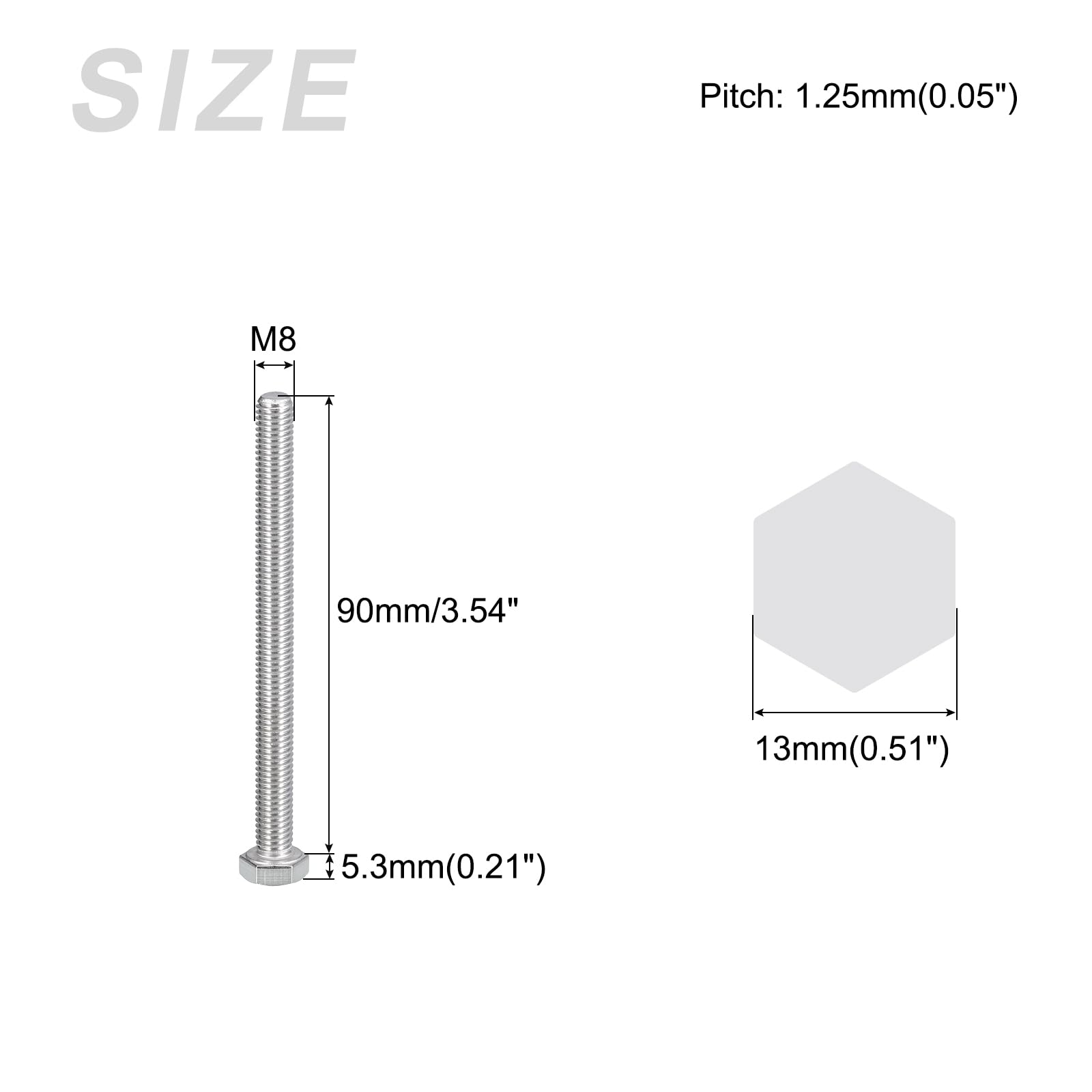 METALLIXITY Hex Bolts (M8-1.25x90mm) 8Pcs, 304 Stainless Steel Coarse Fully Threaded Hex Head Screw Bolt Machine Screws - Image 2