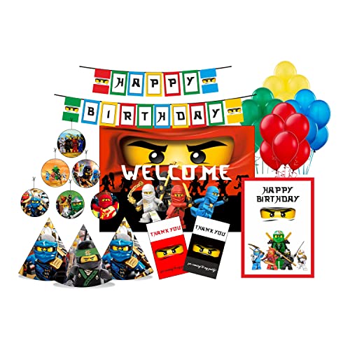 Image of PRETTY UR PARTY Ninjago Party decorations Kit - 80 pcs Includes Banner, Balloons, Thank You, Centerpiece, Danglers, Warrior Ninja Party Supplies, DIY Happy Birthday Decoration Kit for Kids, Gamer