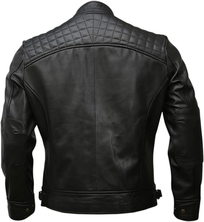 Image of Men's Leather Jacket Cafe Racer Biker Style Retro Stripes Jacket, Motorcycle Racing Leather Jacket Men