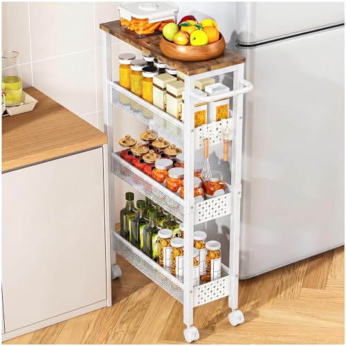 Image of Vivihomety Utility Slim Storage Cart, 4 Tier Small Rolling Kitchen Laundry Room Cart with Wood Top, Metal Bathroom Storage Cabinet Mobile Shelf Unit Organizer Trolley with Handle for Narrow Space