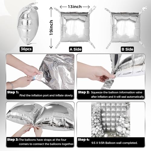 Image of 36pcs Silver Square Foil Balloons Wall Backdrop with 144pcs Balloon Garland Arch Kit, Double Sided Balloons for Bachelorette Baby Shower Birthday Anniversary Graduation Prom Party Decorations