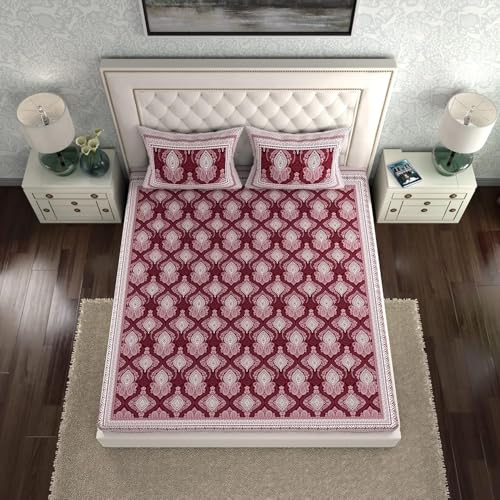 Image of La Verne 140 TC 100% Cotton King Size Jaipuri Rajasthani Print Bedsheet with 2 Pillow Covers (Maroon)