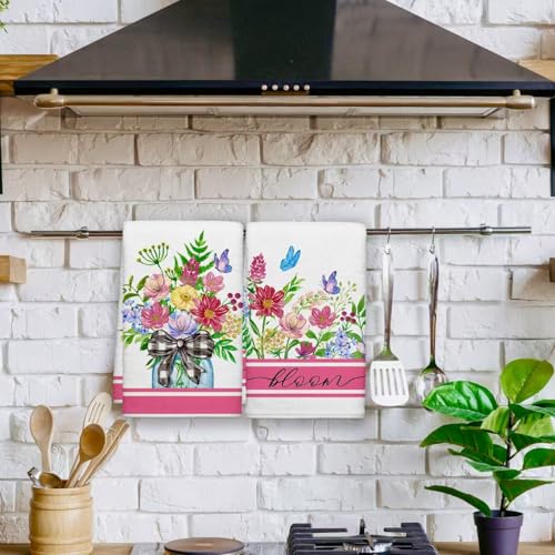 Image of Summer Wildflower Kitchen Towels, Butterfly Dish Towels Set of 2, Spring Watercolor Pink Floral Farmhouse 18 x 26 Inch Hand Towel Quick Drying Dishcloth Decor for Kitchen Bathroom Home