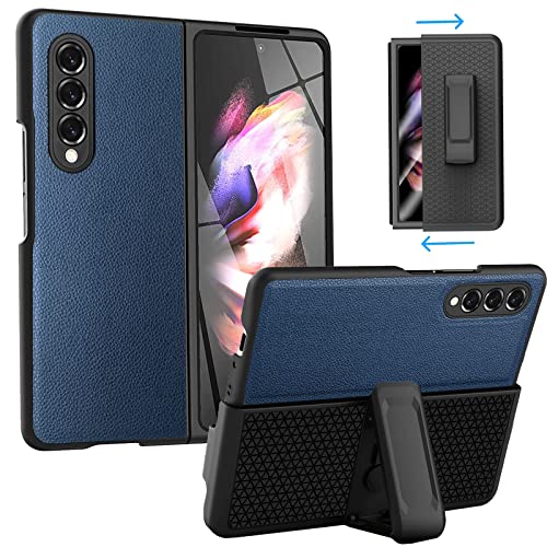 Miimall Compatible Samsung Galaxy Z Fold 3 Case Holster, Back Rotating Bracket with Clip Stand Free Folding All-Inclusive Protection Belt Clip Holster Bumper Case for Samsung Z Fold 3 5G 2021(Blue)