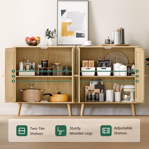 Set-of-2-Rattan-Sideboard-Buffet-Cabinets-Stylish-Accent-Cabinets-with-Adjustable-Shelves-Doors-Ideal-for-Kitchen-Entryway-Storage-Wood-Oak Set of 2 Rattan Sideboard Buffet Cabinets Stylish Accent Cabinets with Adjustable Shelves Doors Ideal for Kitchen Entryway Storage Wood Oak