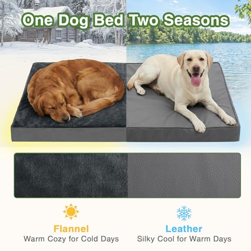 Image of Waterproof Dog Bed Large Sized Dogs, Orthopedic Washable Crate Pad 35 inchx22 inch | Outdoor Pet Bed Foam, Reversible Faux Leather & Flannel, Durable Removable Cover, Anti-Slip Bottom,Kennel Pad 36 inch Dark Gray