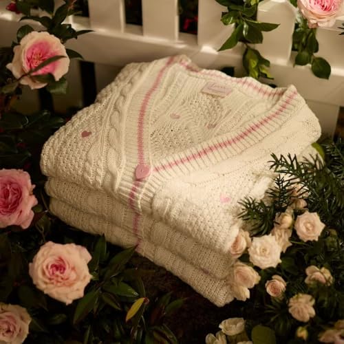 Image of Women's Knit Lover Cardigan Long Sleeve V Neck Sweatshirt Knitted Print Button Down Knitwear Outerwear Ivory