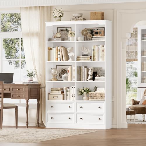 FINETONES 71" Tall Bookshelf with 4 Drawers, 6-Tier Double Wide B...