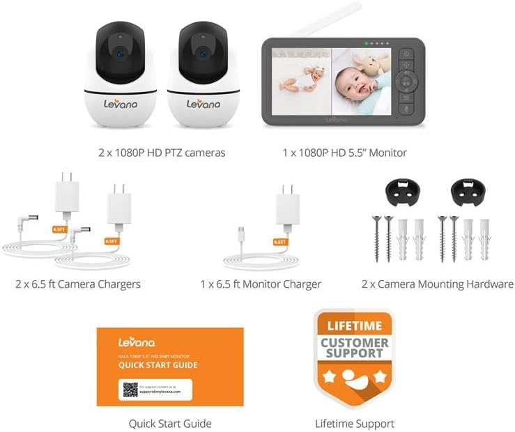 Miniatura 7 de Levana Monitor de bebé Nala Video, pantalla 1080P de 5.5 pulgadas, 2 cámaras PTZ de visión nocturna, batería de 22 horas, batería de 5000 mAh, sin