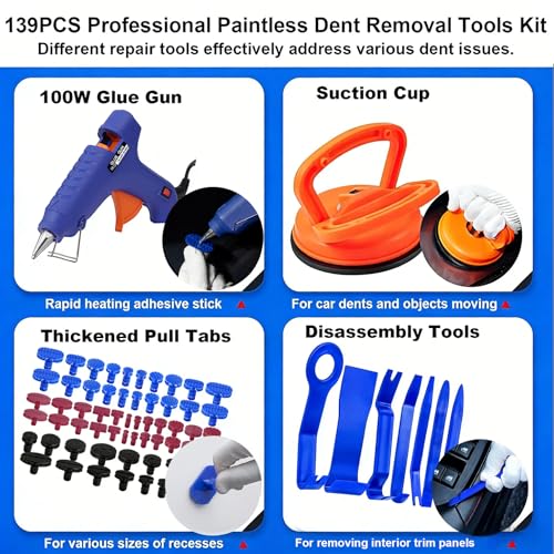 Image of 139PCS Paintless Dent Repair Kit, Professional Dent Puller Kit with Slide Hammer, Golden Lifter, Bridge Puller and PDR Tools, Car Dent Repair Kit for Hail Damage, Door Dings and Metal Dents