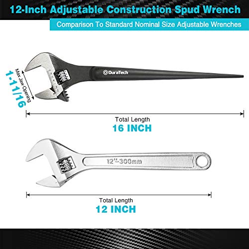 Image of DURATECH 12-Inch Adjustable Construction Spud Wrench | Black Oxide Finish, CR-V Steel, SAE and Metric Scale Marked, Alignment Holes and Tail Crowbar Features