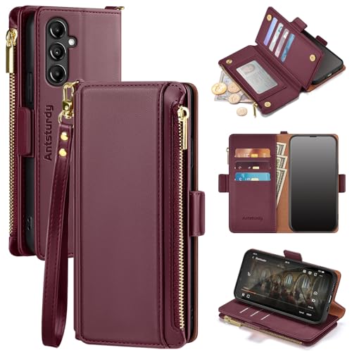 Antsturdy Compatible with Samsung Galaxy A14 5G Case Wallet with Card Holder Women Men,PU Leather Phone Case RFID Blocking Flip Folio Protective Cover Wrist Strap Zipper Credit Card Slots,Wine Red