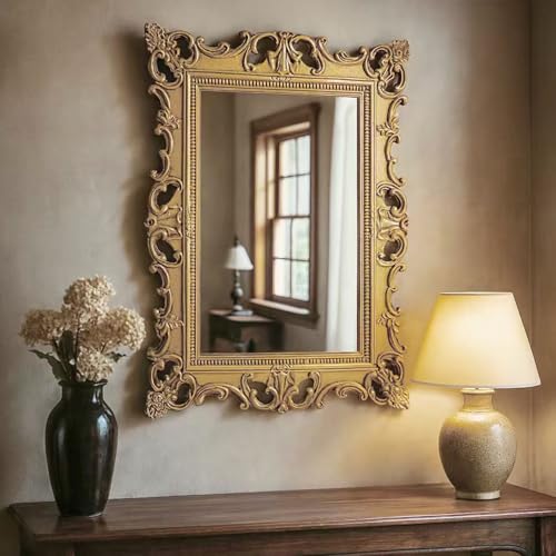 XIAOAIKA Vintage Baroque Gold Wall Mirror, Ornate 3D Embossed Carved