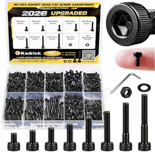 Image of Kadrick M3 Screws Kit 780PCS, Optimized Hex Socket Head Cap Screws Assortment with More Screws & Smarter Size Distribution, Class 12.9 Alloy Steel, Black Zinc Plated M3 Bolts for 3D Printing & DIY