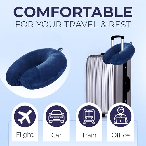 Image of U- Shaped Neck Pillow Soft Fiber Filled Travel Cushion with Snap Button, Comfortable Fabric, Neck Support for Flight, Bus, Car, Neck Pillow for Pain Relief (Navy Blue Combo)