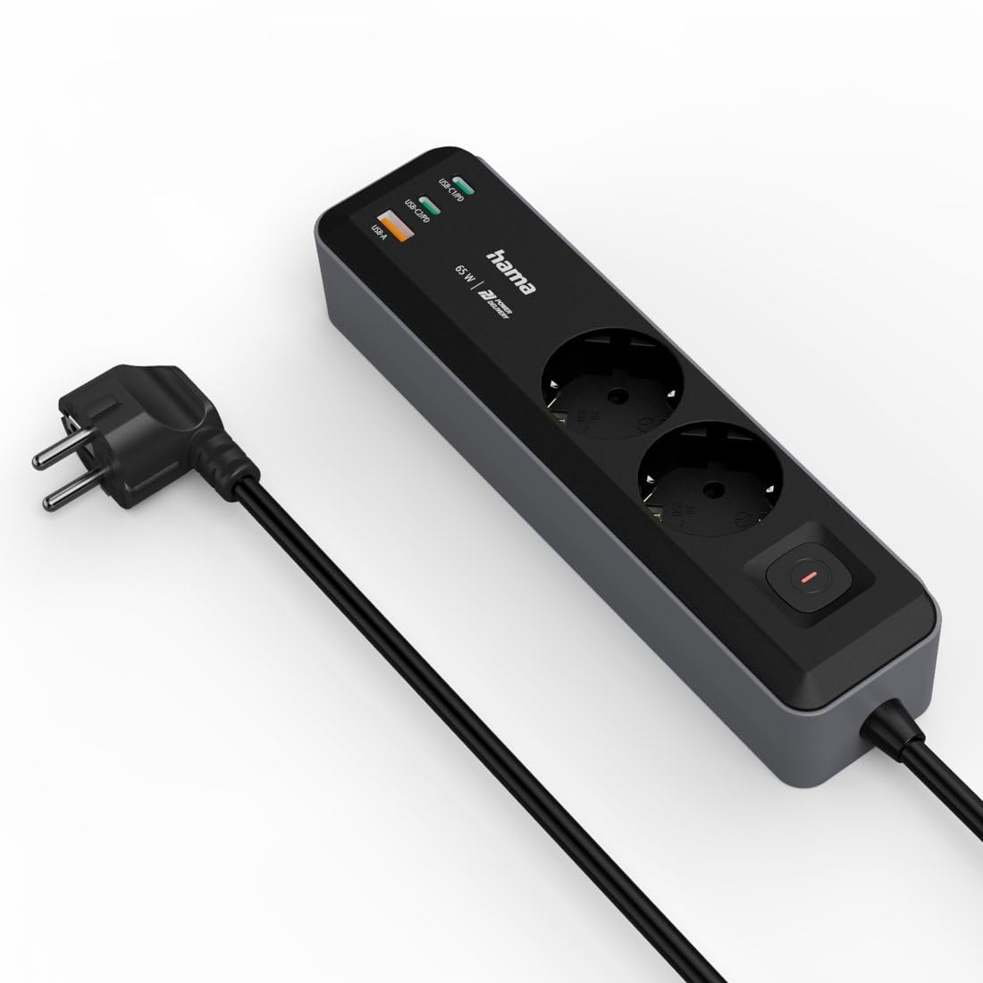 Hama Steckdosenleiste mit 2 Erdungssteckdosen + 3 USB-Ports mit Schalter (Mehrfachsteckdose, 2 x USB-C + 1 x USB-A, 65 W PD, Schnellladung, Kabel 1,4 m, 2 Schuko-Steckdosen, kompatibel mit Frankreich