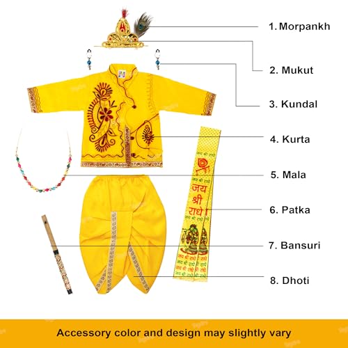 Image of Zest 4 Toyz Kids Krishna Dress Costume for Janmashtami Boys Kanha Fancy Dress Dhoti, Patka, Kundal, Morpankh, Mukut, Bansuri, Bajuband, Kamarband