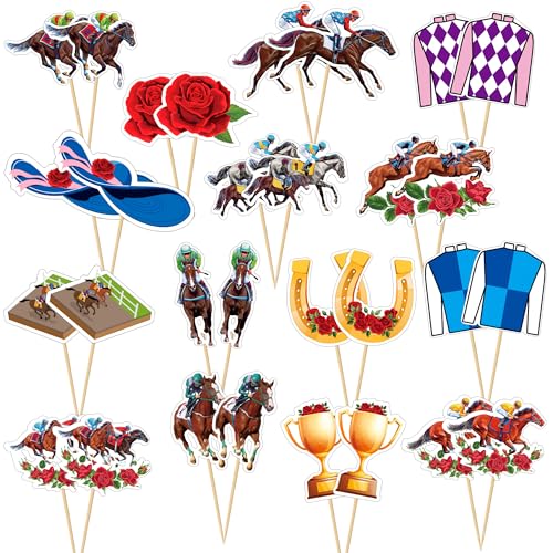 30 PCS Derby Cupcake Toppers, 15 Style Derby Decorations, Run for the Roses Horseshoe Design Horse Cupcake Toppers Horses Toothpicks, Horse Racing Theme Decor