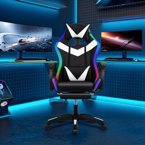 RRXIMHTT 360 Degree Rotation Computer Chair,Ergonomic Computer Gaming Chair with Bluetooth Speakers and RGB LED Lights,High Back Reclining and Headrest Gaming Chair with Seat Height Adjustable Red