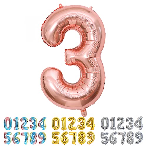 Ponmoo Foil Ballon Chiffre 3 Or Rose, Grands Numéro 0 1 2 3 4 5 7 8 10-19 20-29 30-39 40 50 60 70...
